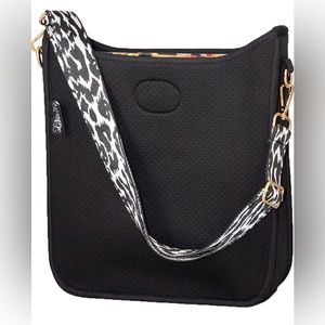 Pinafore Black Neoprene Messenger Bag - Black bag with Black/White Leopard Strap